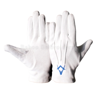 Masonic White Gloves with Square & Compass Embroidery in Blue-BH-M-1352