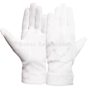 White Cotton Masonic Gloves with White Embroidered Logo-BH-M-1353