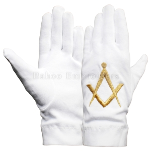 White Cotton Masonic Gloves with Gold Embroidered Logo-BH-M-1354