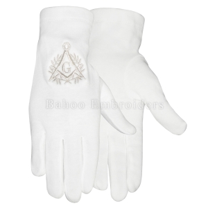 Masonic French Rite White Cotton Gloves with Silver Embroidery-BH-M-1356