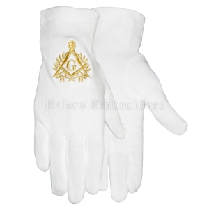 Masonic French Rite White Cotton Gloves with Gold Embroidery-BH-M-1357