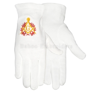 Masonic French Rite White Cotton Gloves with Red & Yellow Embroidery-BH-M-1358