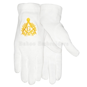 Masonic French Rite White Cotton Gloves with Yellow Embroidery-BH-M-1360