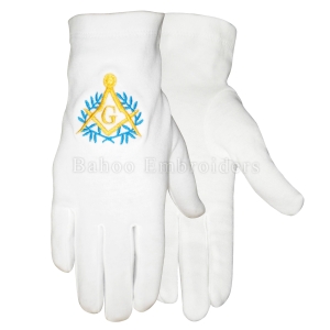 Masonic French Rite White Cotton Gloves with Blue & Yellow Embroidery-BH-M-1361