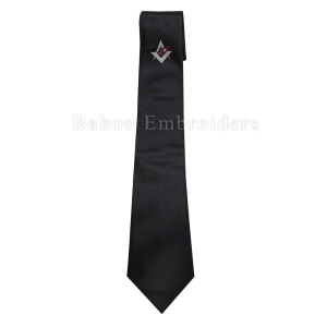 Masonic Regalia Black Tie With White Square & Compass Logo and Red Leaves-BH-M-1453