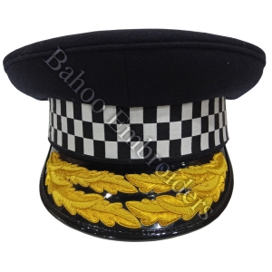 CHECKED BAND OFFICER WOOL HAT WITH DOUBLE ROW GOLD EMBROIDERED VISOR-BH-U-001